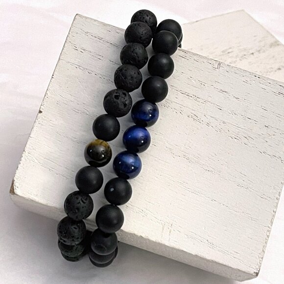 Hamoery Black Bracelets with Lava Stone, Tiger Eye & Agate Set of 2 - Picture 1 of 15